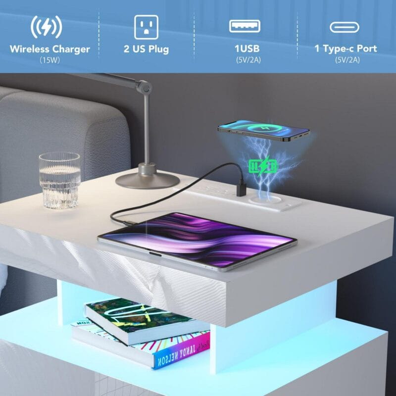 Hommpa LED Nightstand Wireless Charging Station USB Type C Outlets Bedside Table 3 Drawers White Night Table Modern Smart Nightstand High Gloss End Side Table for Bedroom Furniture 26.8  Tall - Image 2