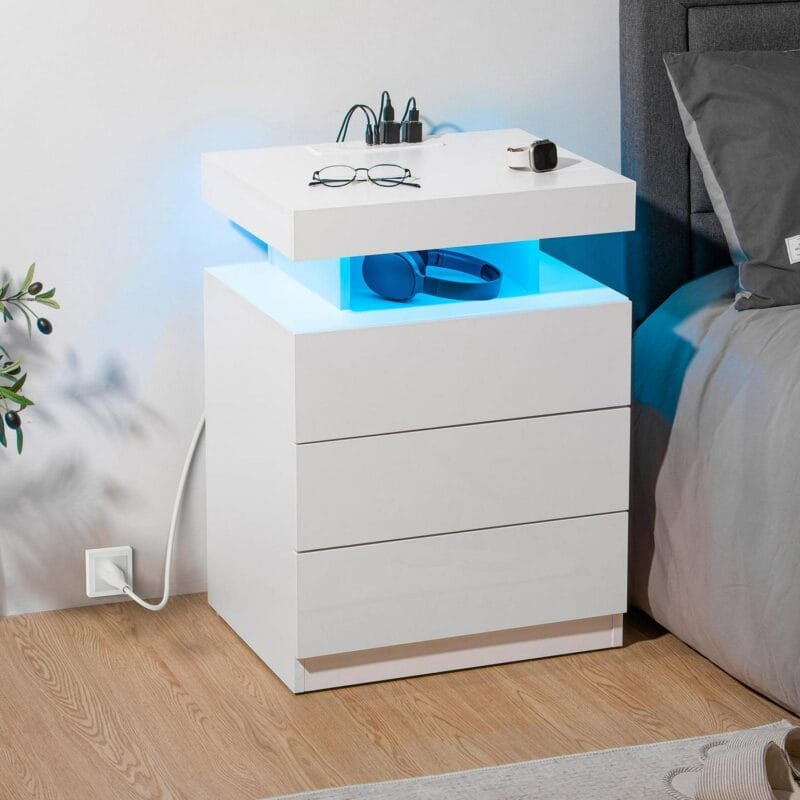 Hommpa LED Nightstand Wireless Charging Station USB Type C Outlets Bedside Table 3 Drawers White Night Table Modern Smart Nightstand High Gloss End Side Table for Bedroom Furniture 26.8  Tall - Image 4