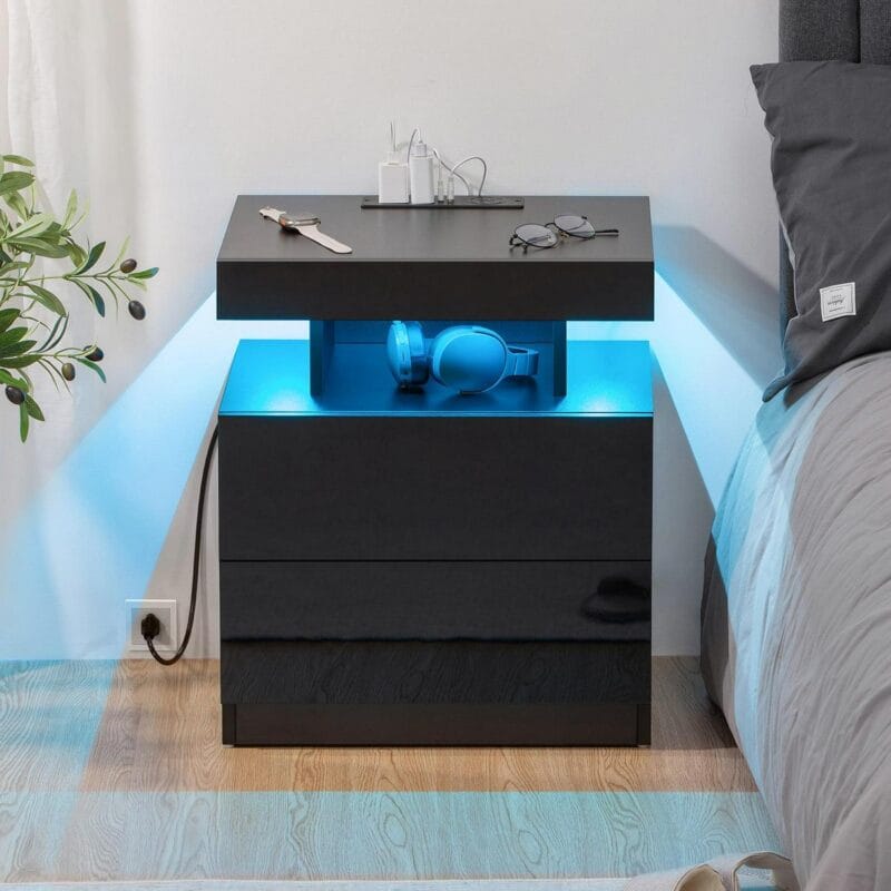 Hommpa LED Nightstand with Wireless Charging Station Modern Nightstand Type C USB Port 2 Drawers Bedside Table Black Smart Night Table High Gloss End Side Table for Bedroom Furniture 22.3  Tall - Image 9