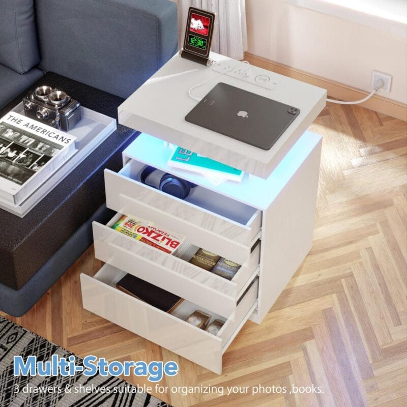 Hommpa LED Nightstand Wireless Charging Station USB Type C Outlets Bedside Table 3 Drawers White Night Table Modern Smart Nightstand High Gloss End Side Table for Bedroom Furniture 26.8  Tall - Image 5