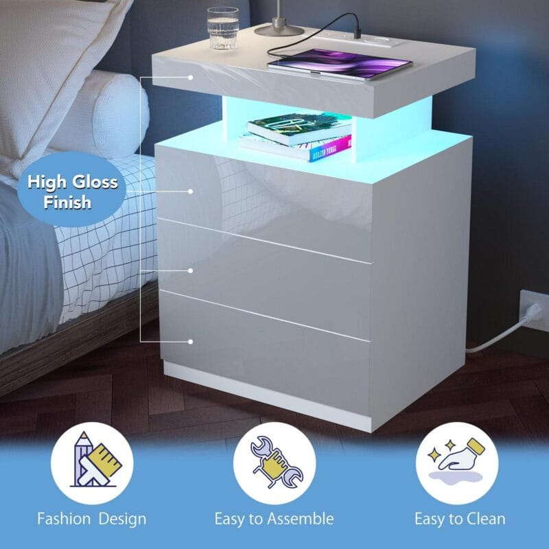 Hommpa LED Nightstand Wireless Charging Station USB Type C Outlets Bedside Table 3 Drawers White Night Table Modern Smart Nightstand High Gloss End Side Table for Bedroom Furniture 26.8  Tall - Image 7