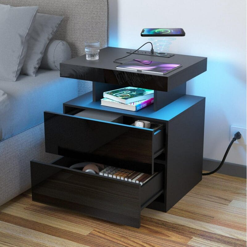 Hommpa LED Nightstand with Wireless Charging Station Modern Nightstand Type C USB Port 2 Drawers Bedside Table Black Smart Night Table High Gloss End Side Table for Bedroom Furniture 22.3  Tall