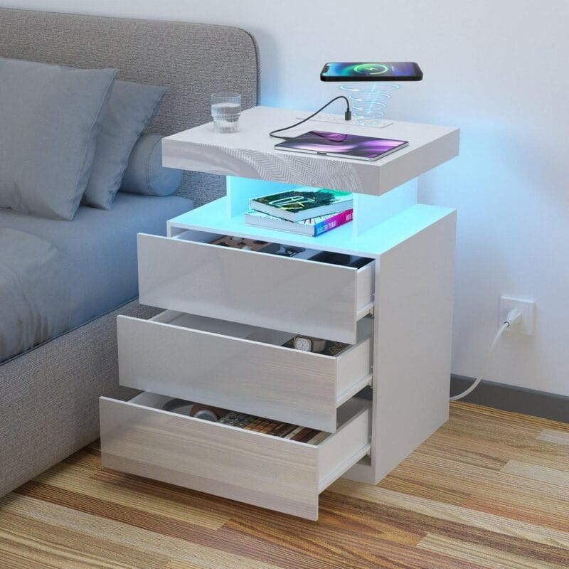 Hommpa LED Nightstand Wireless Charging Station USB Type C Outlets Bedside Table 3 Drawers White Night Table Modern Smart Nightstand High Gloss End Side Table for Bedroom Furniture 26.8  Tall