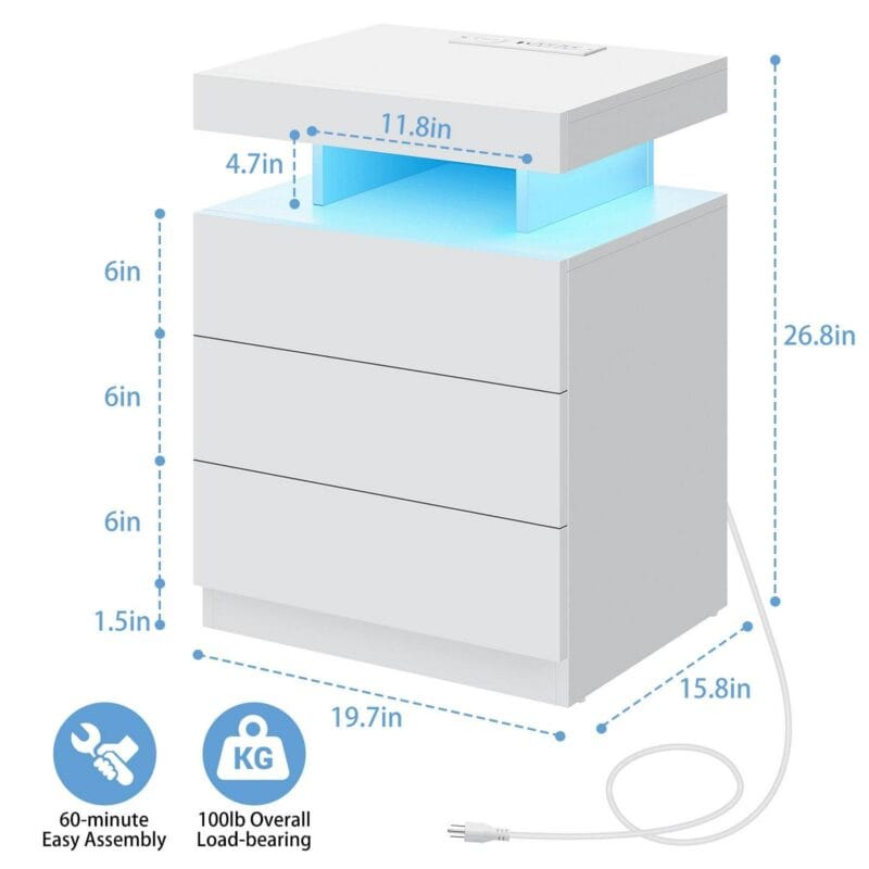 Hommpa LED Nightstand Wireless Charging Station USB Type C Outlets Bedside Table 3 Drawers White Night Table Modern Smart Nightstand High Gloss End Side Table for Bedroom Furniture 26.8  Tall - Image 8