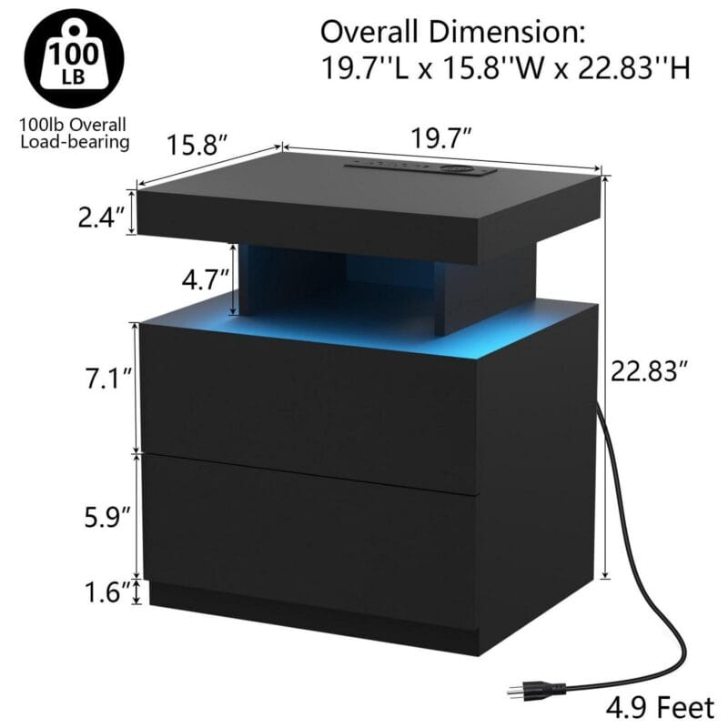 Hommpa LED Nightstand with Wireless Charging Station Modern Nightstand Type C USB Port 2 Drawers Bedside Table Black Smart Night Table High Gloss End Side Table for Bedroom Furniture 22.3  Tall - Image 8