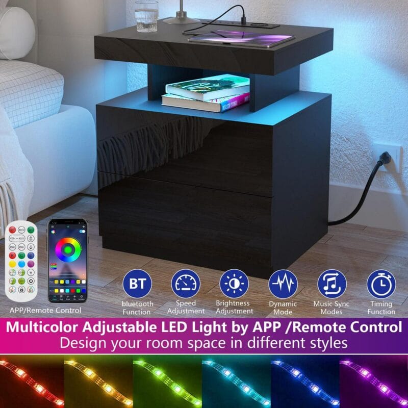 Hommpa LED Nightstand with Wireless Charging Station Modern Nightstand Type C USB Port 2 Drawers Bedside Table Black Smart Night Table High Gloss End Side Table for Bedroom Furniture 22.3  Tall - Image 3