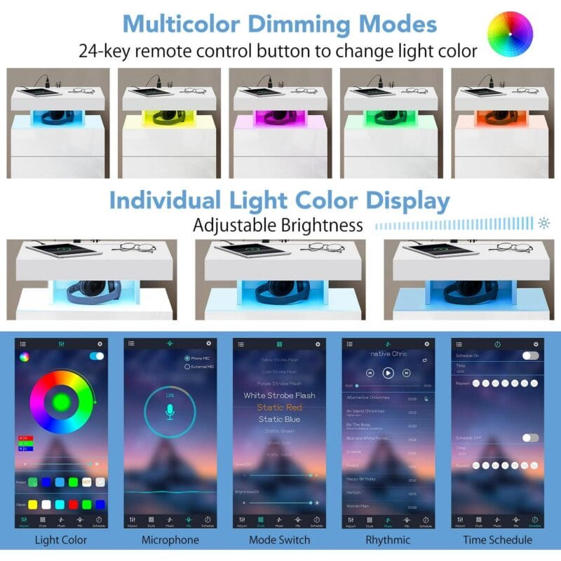 Hommpa LED Nightstand Wireless Charging Station USB Type C Outlets Bedside Table 3 Drawers White Night Table Modern Smart Nightstand High Gloss End Side Table for Bedroom Furniture 26.8  Tall - Image 3