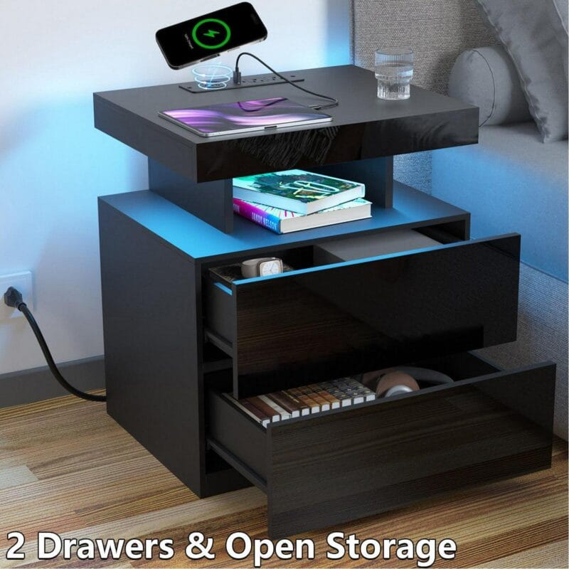 Hommpa LED Nightstand with Wireless Charging Station Modern Nightstand Type C USB Port 2 Drawers Bedside Table Black Smart Night Table High Gloss End Side Table for Bedroom Furniture 22.3  Tall - Image 7