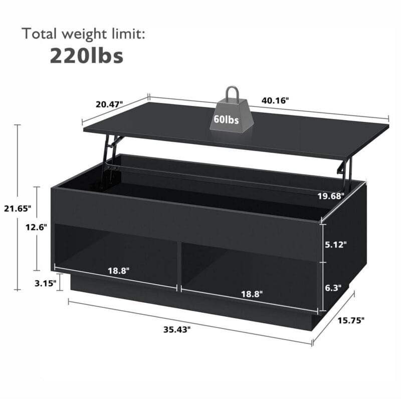 Hommpa Lift Top Coffee Table with Hidden Compartment High Gloss Black Coffee Tables LED Center Rising Cocktail Table for Living Room Accent Furniture - Image 8