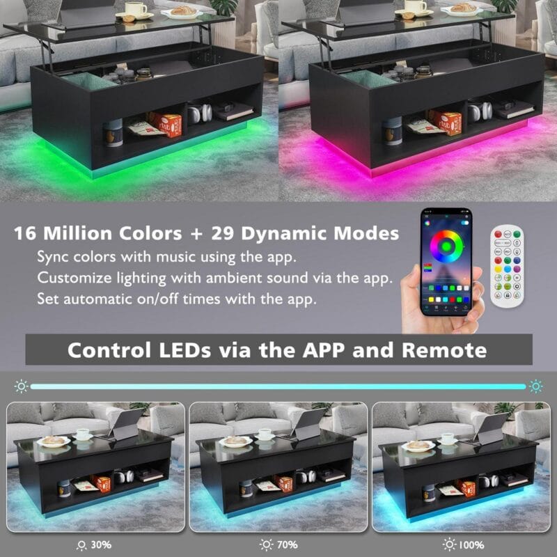 Hommpa Lift Top Coffee Table with Hidden Compartment High Gloss Black Coffee Tables LED Center Rising Cocktail Table for Living Room Accent Furniture - Image 3