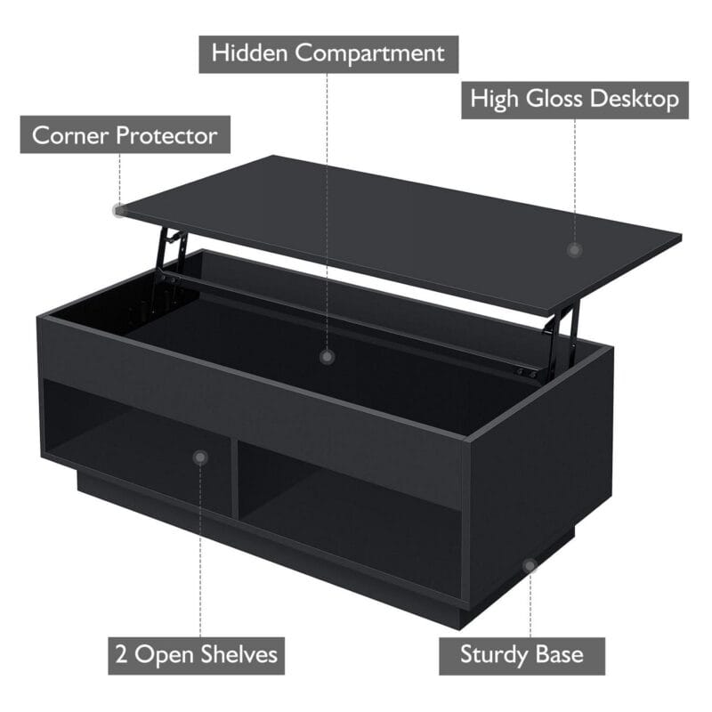 Hommpa Lift Top Coffee Table with Hidden Compartment High Gloss Black Coffee Tables LED Center Rising Cocktail Table for Living Room Accent Furniture - Image 7