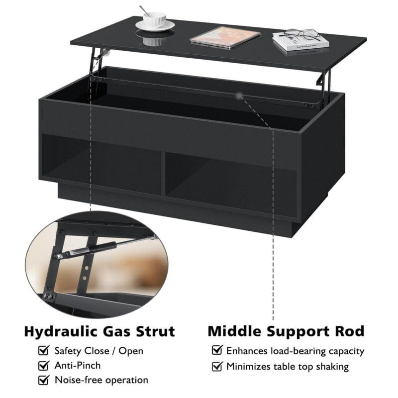 Hommpa Lift Top Coffee Table with Hidden Compartment High Gloss Black Coffee Tables LED Center Rising Cocktail Table for Living Room Accent Furniture - Image 4