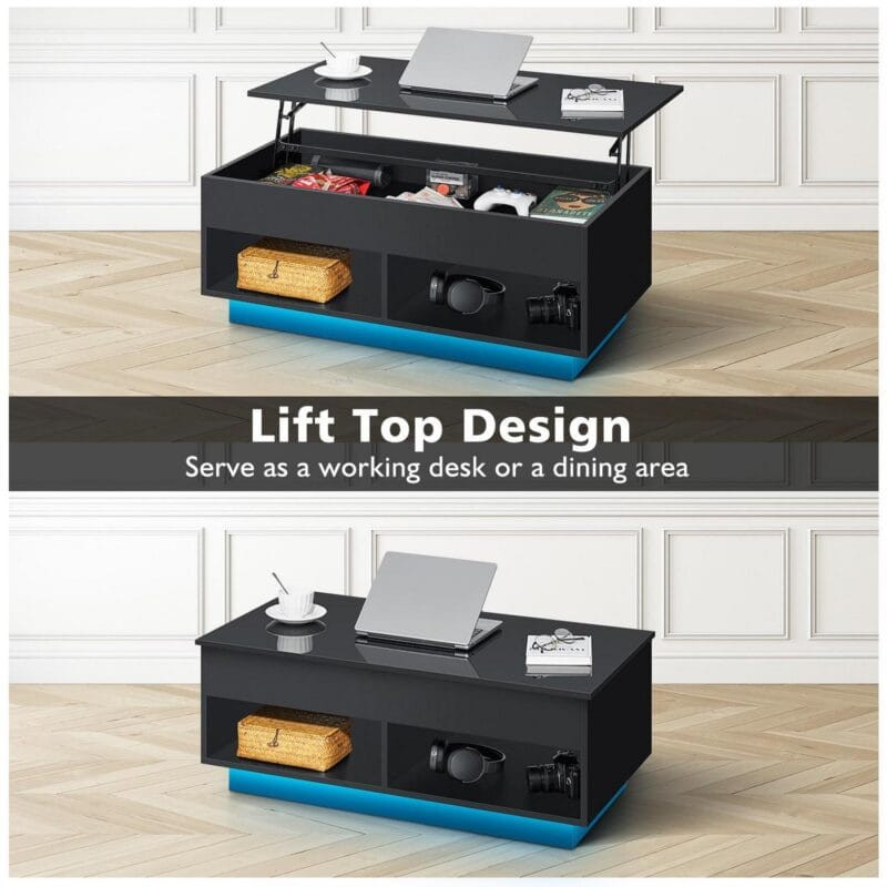 Hommpa Lift Top Coffee Table with Hidden Compartment High Gloss Black Coffee Tables LED Center Rising Cocktail Table for Living Room Accent Furniture - Image 10