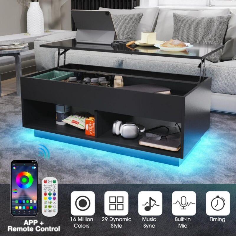 Hommpa Lift Top Coffee Table with Hidden Compartment High Gloss Black Coffee Tables LED Center Rising Cocktail Table for Living Room Accent Furniture - Image 2