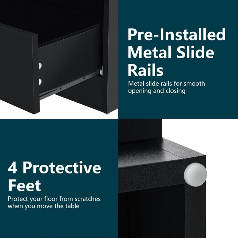 Hommpa Nightstand with Charging Station Nightstands with 2 Drawer Open Shelf Nightstands Black Nightstands High Gloss LED End Table Nightstands for Bedroom Living Room Furniture 23.6  Tall - Image 5