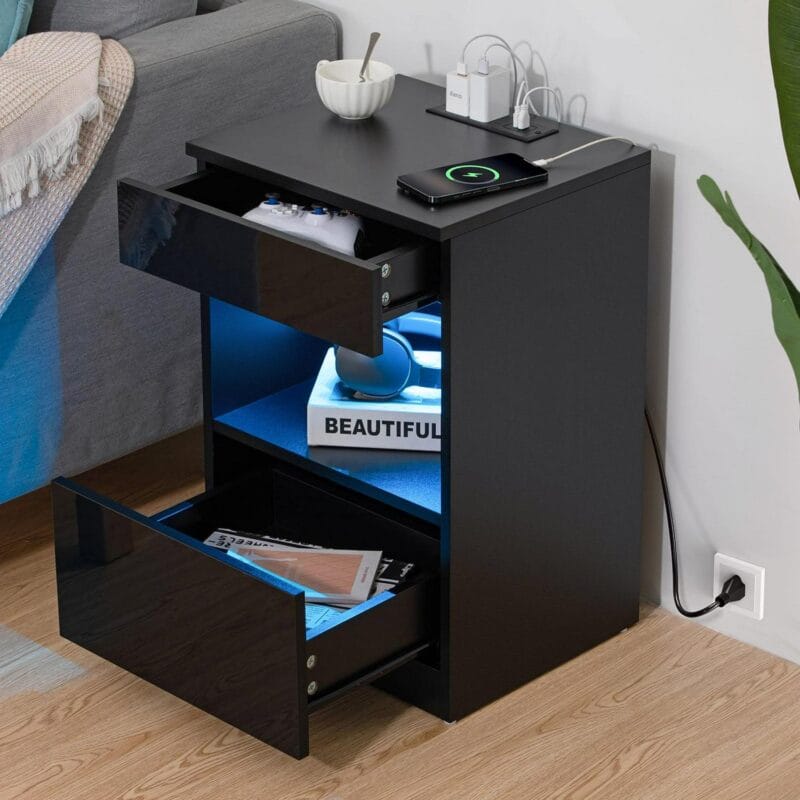 Hommpa Nightstand with Charging Station Nightstands with 2 Drawer Open Shelf Nightstands Black Nightstands High Gloss LED End Table Nightstands for Bedroom Living Room Furniture 23.6  Tall - Image 10