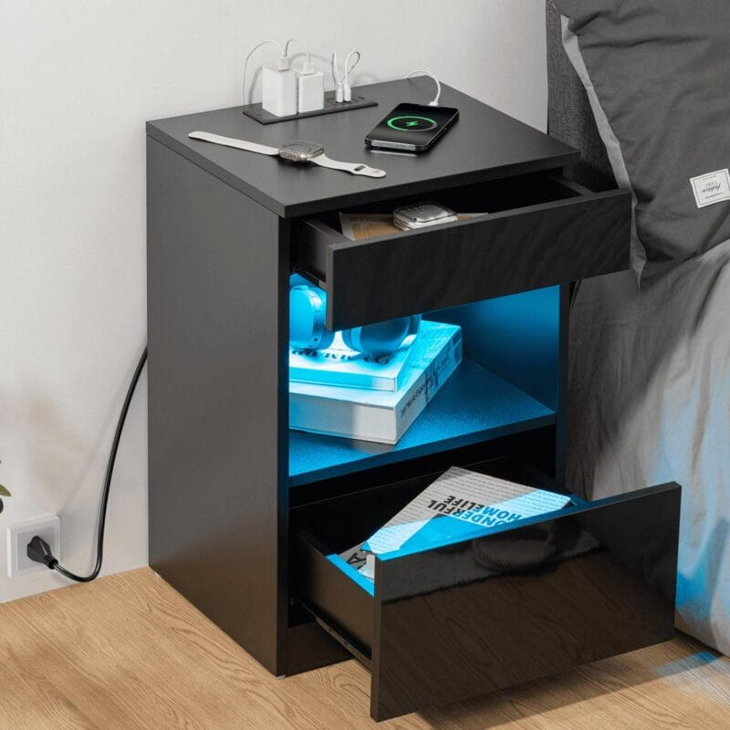 Hommpa Nightstand with Charging Station Nightstands with 2 Drawer Open Shelf Nightstands Black Nightstands High Gloss LED End Table Nightstands for Bedroom Living Room Furniture 23.6  Tall