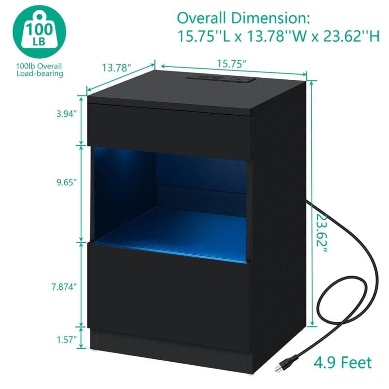 Hommpa Nightstand with Charging Station Nightstands with 2 Drawer Open Shelf Nightstands Black Nightstands High Gloss LED End Table Nightstands for Bedroom Living Room Furniture 23.6  Tall - Image 7