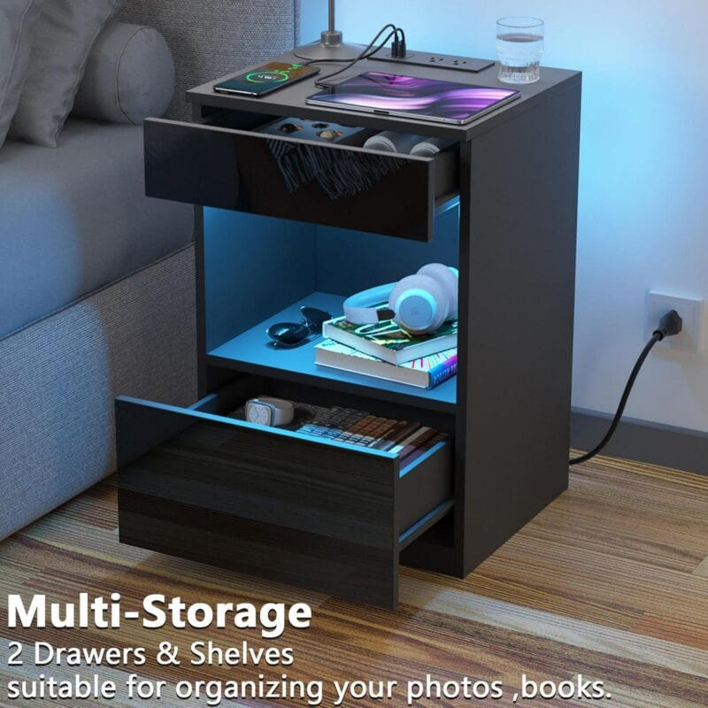 Hommpa Nightstand with Charging Station Nightstands with 2 Drawer Open Shelf Nightstands Black Nightstands High Gloss LED End Table Nightstands for Bedroom Living Room Furniture 23.6  Tall - Image 8
