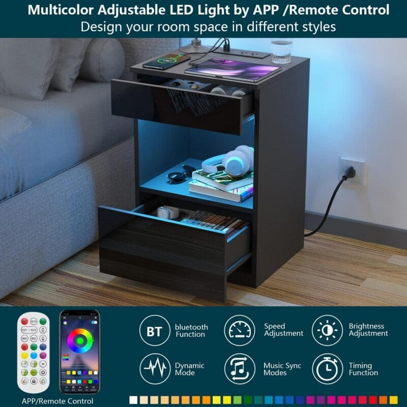 Hommpa Nightstand with Charging Station Nightstands with 2 Drawer Open Shelf Nightstands Black Nightstands High Gloss LED End Table Nightstands for Bedroom Living Room Furniture 23.6  Tall - Image 4