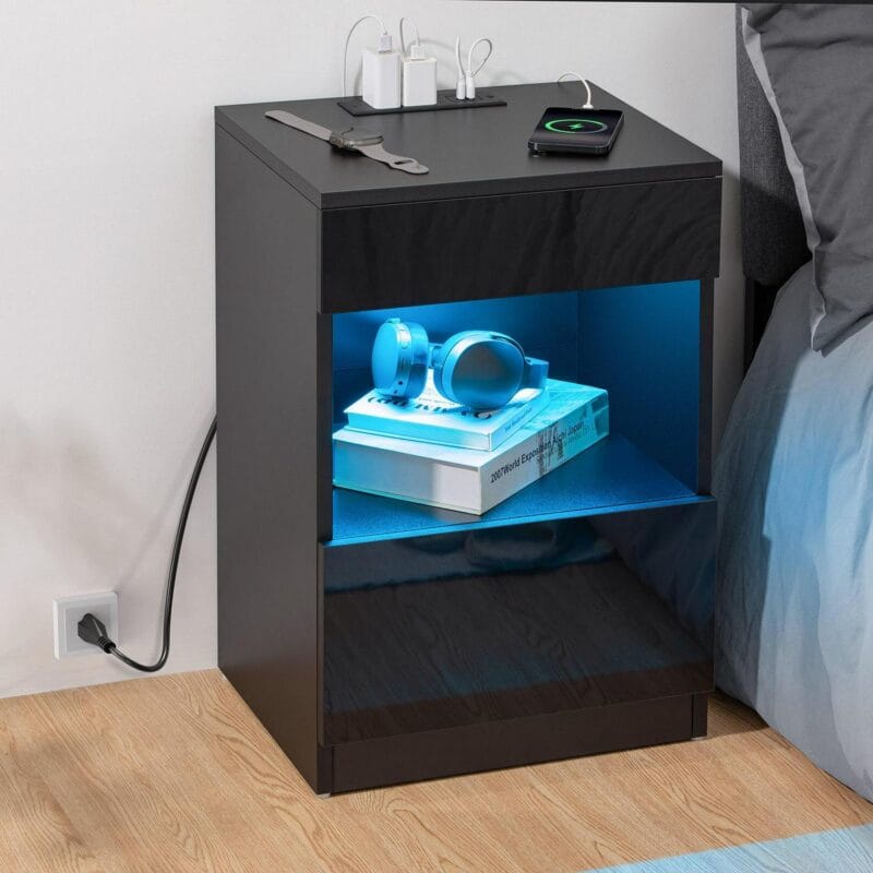 Hommpa Nightstand with Charging Station Nightstands with 2 Drawer Open Shelf Nightstands Black Nightstands High Gloss LED End Table Nightstands for Bedroom Living Room Furniture 23.6  Tall - Image 9