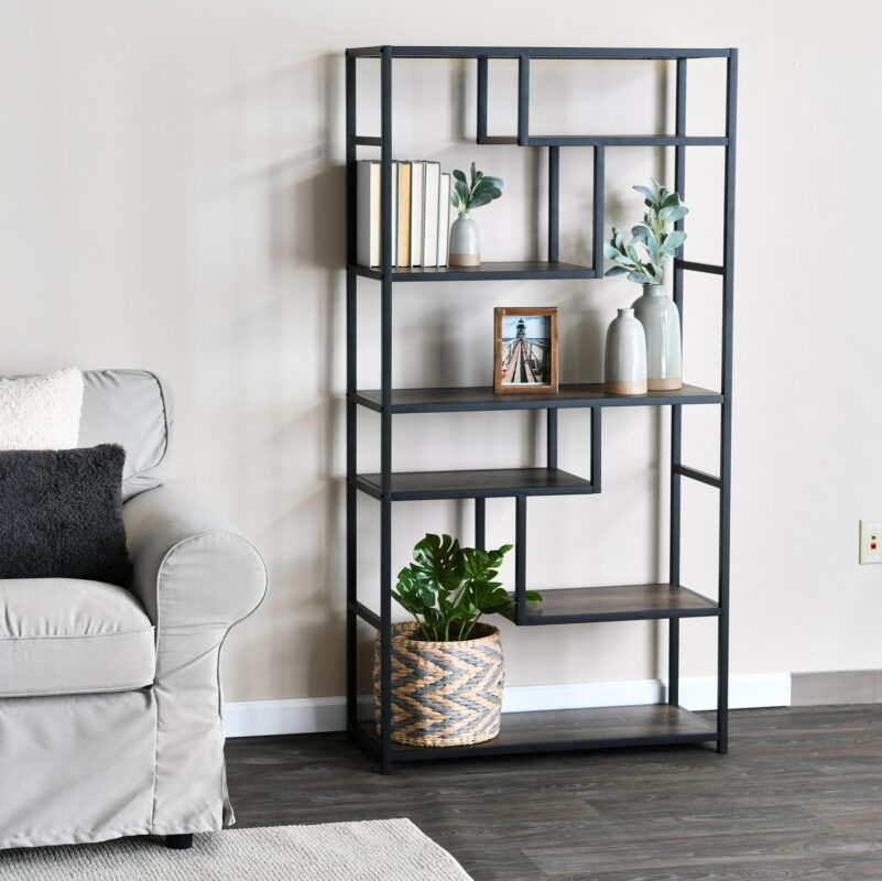 Household Essentials Tall Ashwood Bookshelf, Open Bookcase with Faux Distressed Gray Toned Wood Shelves, 6 Shelves, Lightweight Industrial Style, Slightly Gray Woodgrain - Image 2