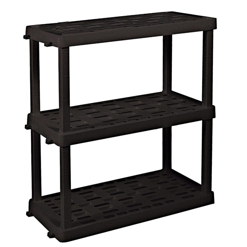 Hyper Tough Large 3-Tier Shelving Unit, W36 x D18 x H38  Interlocking Multipurpose Garage Plastic Shelf Organizer, Black