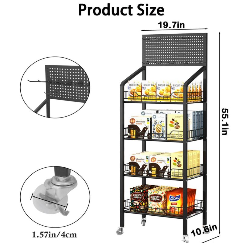 IAJXWI 4-Tier Retail Display Rack, Storage Organizer Shelf with Wheels, Snack Candy Display Organizer - Image 2