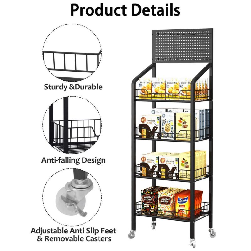 IAJXWI 4-Tier Retail Display Rack, Storage Organizer Shelf with Wheels, Snack Candy Display Organizer - Image 3