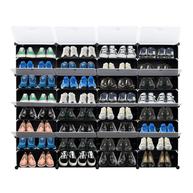 Ktaxon 32 Cubes 64 Pairs Modular Plastic Shoe Storage Cabinet Boxes Expandable 8 Tiers Shoe Rack Shelf Tower Stand Shoe Storage Organizer for Hallway Bedroom Closet Entryway Black
