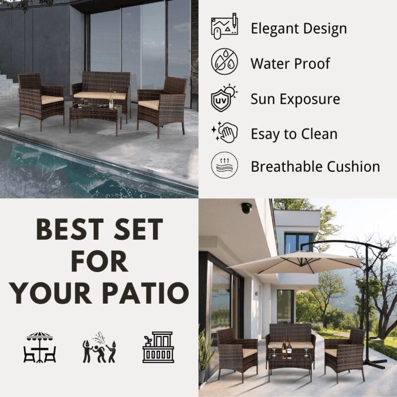 Ktaxon 4PCs Outdoor Wicker Conversation Set, Patio Furniture Set Loveseat Tempered Glass Coffee Table Outdoor All Weather Rattan Sofa Set, Brown Gradient - Image 4