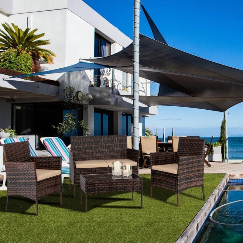 Ktaxon 4PCs Outdoor Wicker Conversation Set, Patio Furniture Set Loveseat Tempered Glass Coffee Table Outdoor All Weather Rattan Sofa Set, Brown Gradient - Image 9