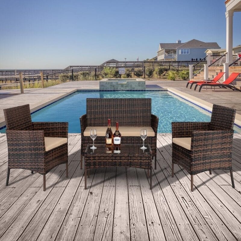 Ktaxon 4PCs Outdoor Wicker Conversation Set, Patio Furniture Set Loveseat Tempered Glass Coffee Table Outdoor All Weather Rattan Sofa Set, Brown Gradient - Image 8