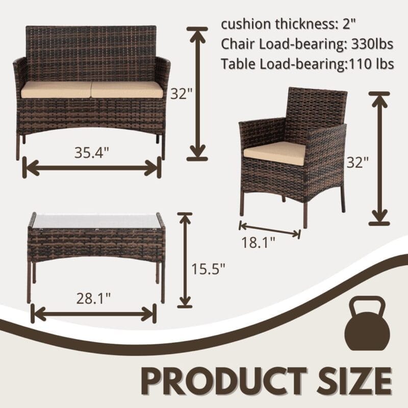 Ktaxon 4PCs Outdoor Wicker Conversation Set, Patio Furniture Set Loveseat Tempered Glass Coffee Table Outdoor All Weather Rattan Sofa Set, Brown Gradient - Image 7