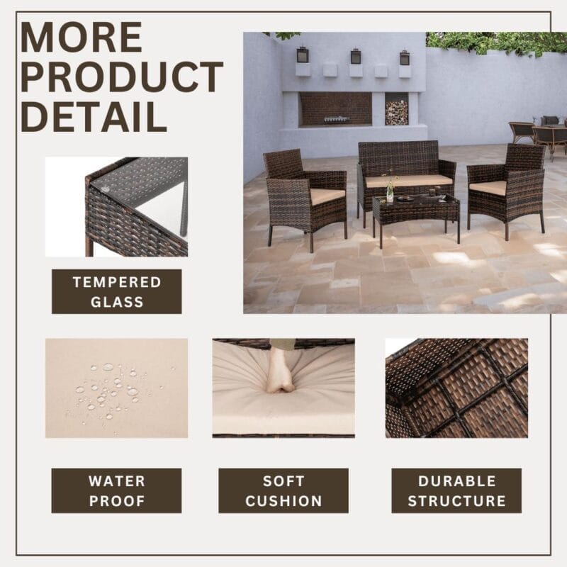 Ktaxon 4PCs Outdoor Wicker Conversation Set, Patio Furniture Set Loveseat Tempered Glass Coffee Table Outdoor All Weather Rattan Sofa Set, Brown Gradient - Image 3