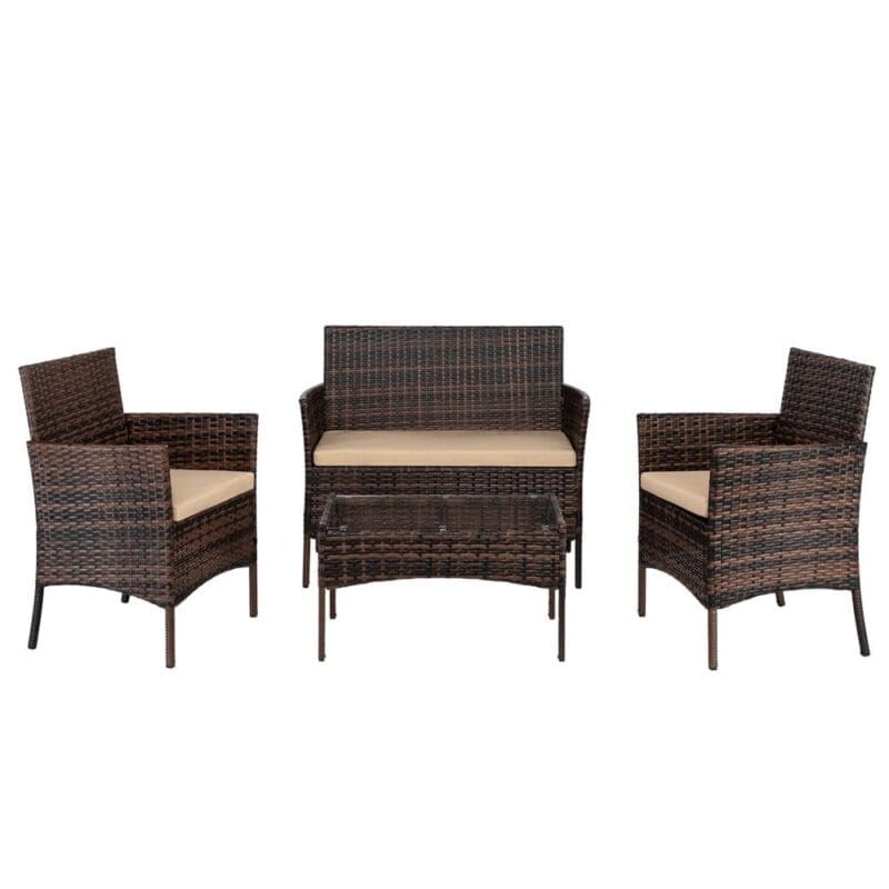 Ktaxon 4PCs Outdoor Wicker Conversation Set, Patio Furniture Set Loveseat Tempered Glass Coffee Table Outdoor All Weather Rattan Sofa Set, Brown Gradient - Image 10