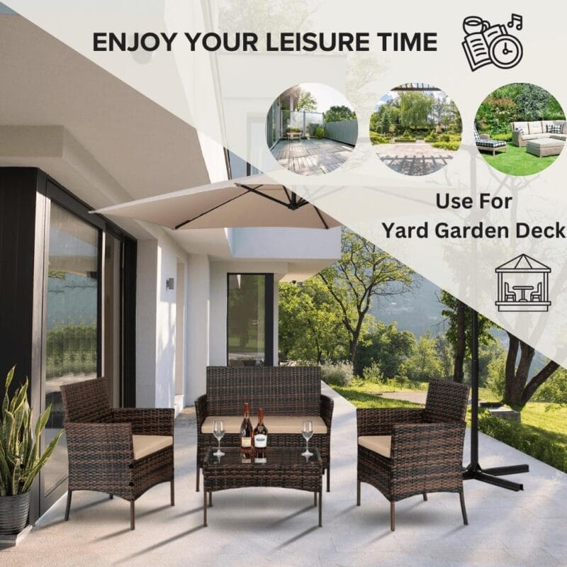 Ktaxon 4PCs Outdoor Wicker Conversation Set, Patio Furniture Set Loveseat Tempered Glass Coffee Table Outdoor All Weather Rattan Sofa Set, Brown Gradient - Image 6