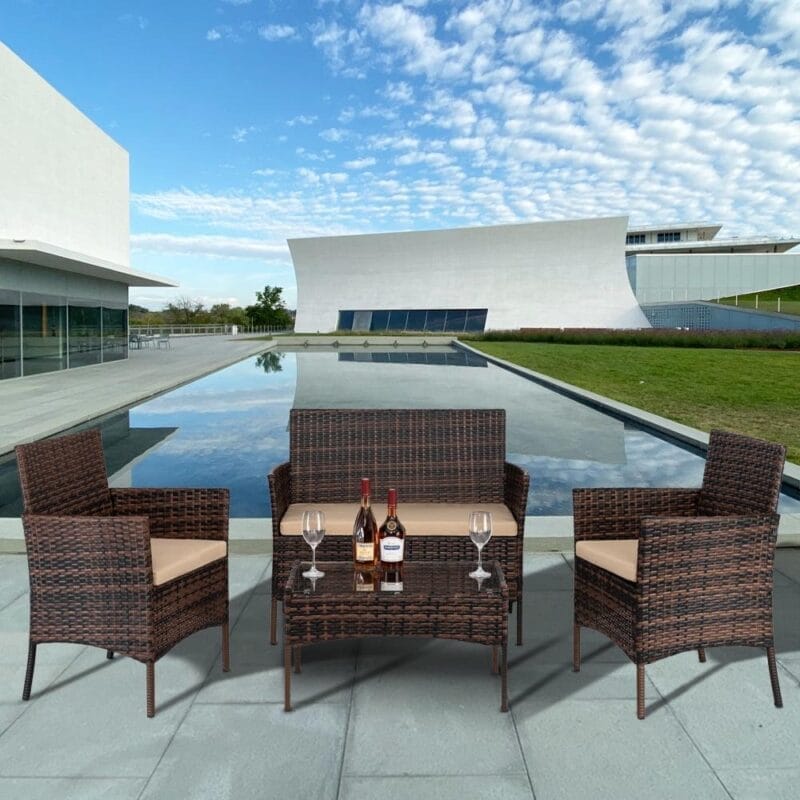 Ktaxon 4PCs Outdoor Wicker Conversation Set, Patio Furniture Set Loveseat Tempered Glass Coffee Table Outdoor All Weather Rattan Sofa Set, Brown Gradient