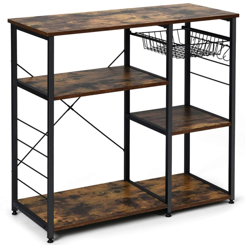 Ktaxon 4-Tier Kitchen Utility Storage Shelf Microwave Cart, Industrial Kitchen Baker's Rack Microwave Oven Stand, Coffee Bar Table Workstation, Rustic Brown