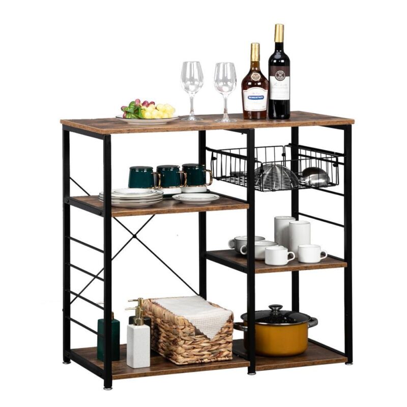Ktaxon 4-Tier Kitchen Utility Storage Shelf Microwave Cart, Industrial Kitchen Baker's Rack Microwave Oven Stand, Coffee Bar Table Workstation, Rustic Brown - Image 8