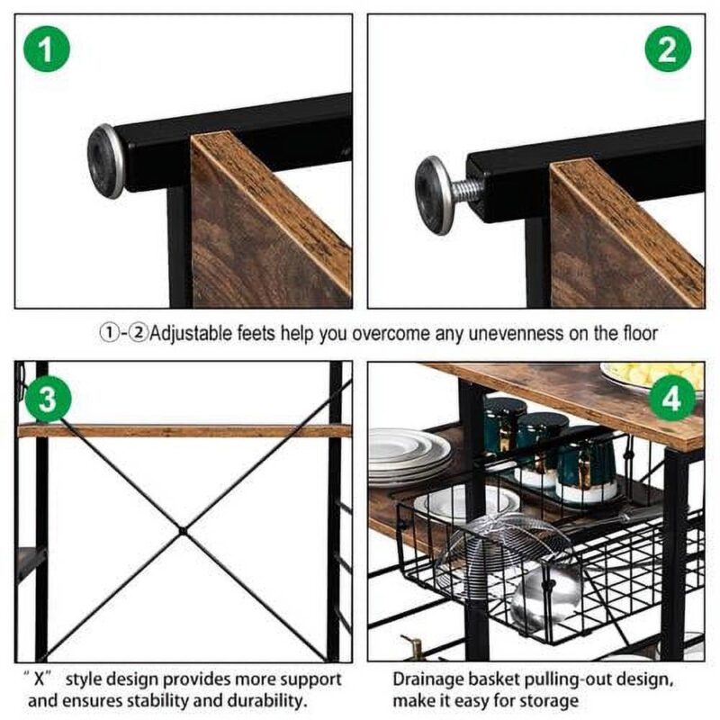 Ktaxon 4-Tier Kitchen Utility Storage Shelf Microwave Cart, Industrial Kitchen Baker's Rack Microwave Oven Stand, Coffee Bar Table Workstation, Rustic Brown - Image 7