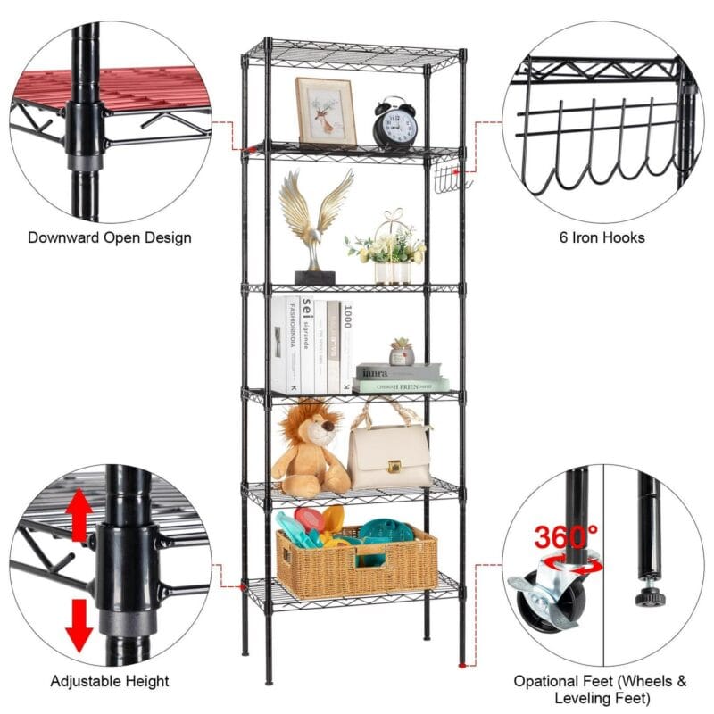 Ktaxon 6 Tier Layer 65 x21.65 x11.8  Storage Rack, Wire Shelving Adjustable Steel Storage Rack Organizer Kitchen with 4 Side Hooks, Black - Image 5