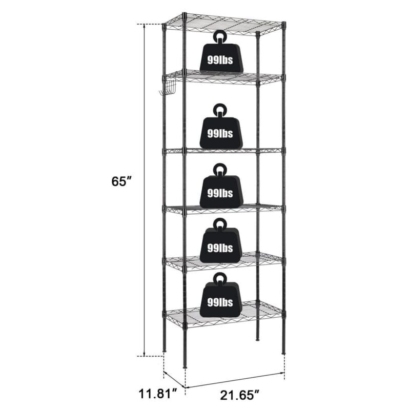 Ktaxon 6 Tier Layer 65 x21.65 x11.8  Storage Rack, Wire Shelving Adjustable Steel Storage Rack Organizer Kitchen with 4 Side Hooks, Black - Image 4