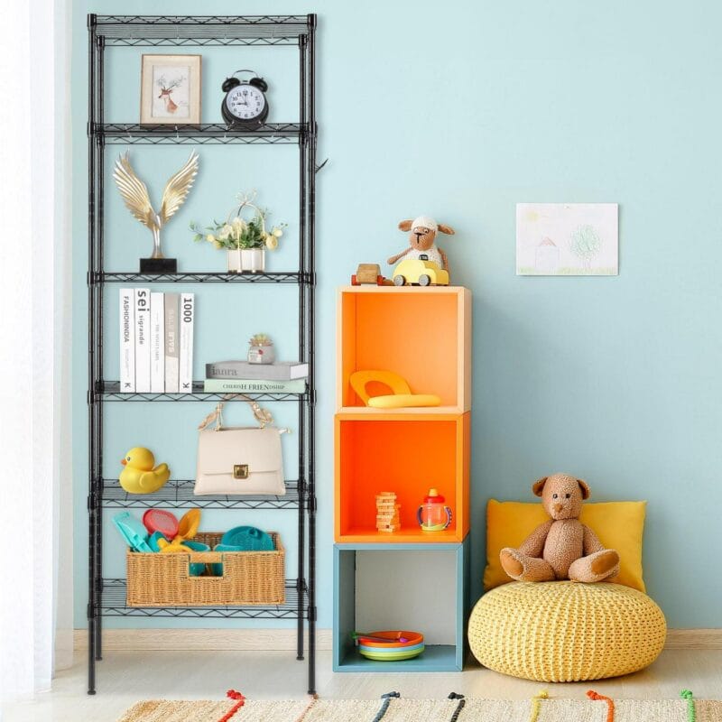 Ktaxon 6 Tier Layer 65 x21.65 x11.8  Storage Rack, Wire Shelving Adjustable Steel Storage Rack Organizer Kitchen with 4 Side Hooks, Black - Image 3