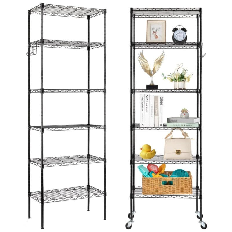 Ktaxon 6 Tier Layer 65 x21.65 x11.8  Storage Rack, Wire Shelving Adjustable Steel Storage Rack Organizer Kitchen with 4 Side Hooks, Black