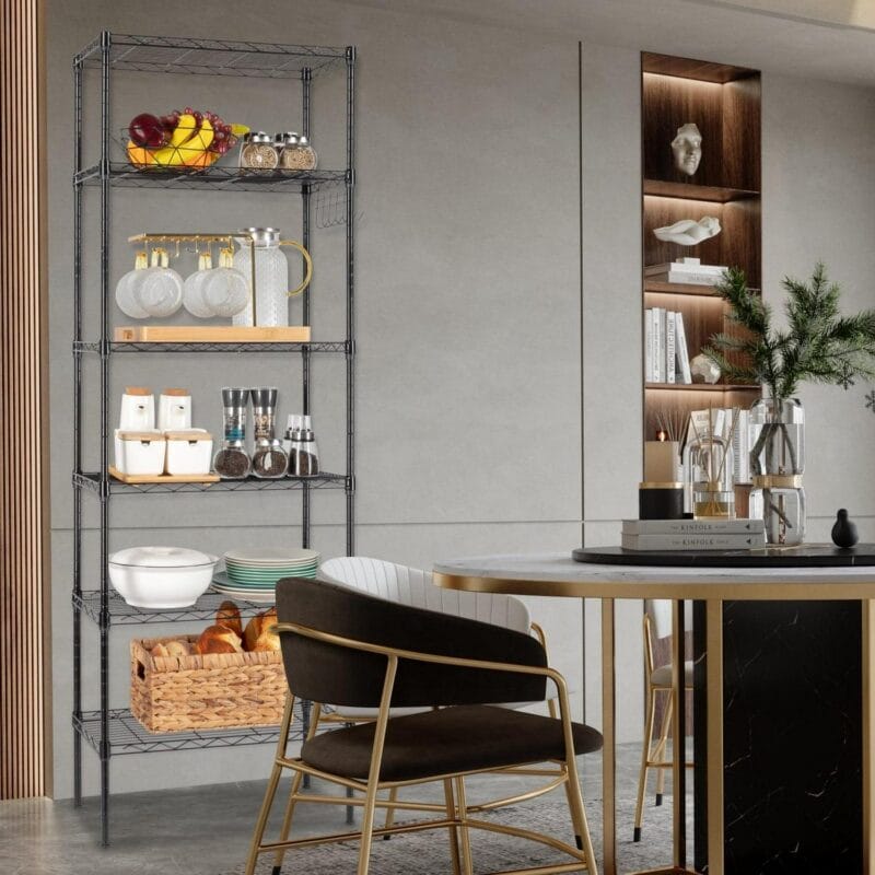 Ktaxon 6 Tier Layer 65 x21.65 x11.8  Storage Rack, Wire Shelving Adjustable Steel Storage Rack Organizer Kitchen with 4 Side Hooks, Black - Image 2