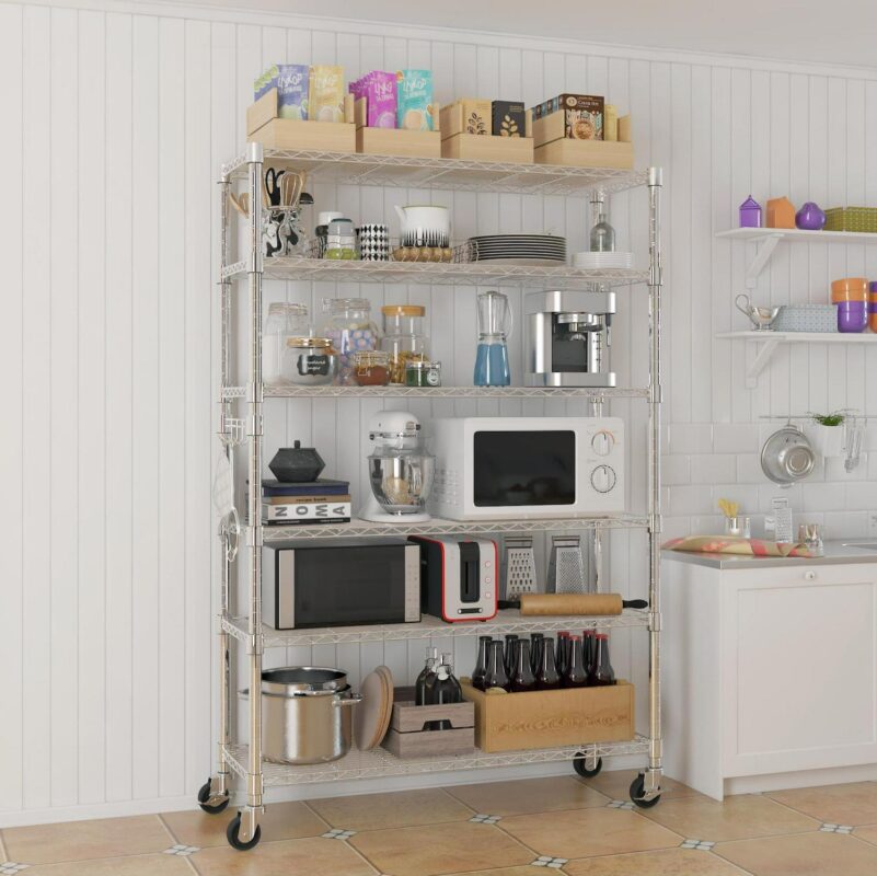 Ktaxon 6 Tier Wire Shelving with Wheels, 46 D x 18 W x 82 H Multifunctional Storage Rack Metal Garage Shelves Organizer, Capacity for 900lbs, Silver - Image 2