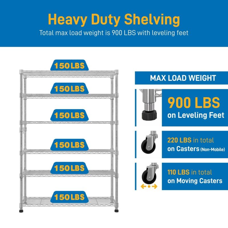 Ktaxon 6 Tier Wire Shelving with Wheels, 46 D x 18 W x 82 H Multifunctional Storage Rack Metal Garage Shelves Organizer, Capacity for 900lbs, Silver - Image 6