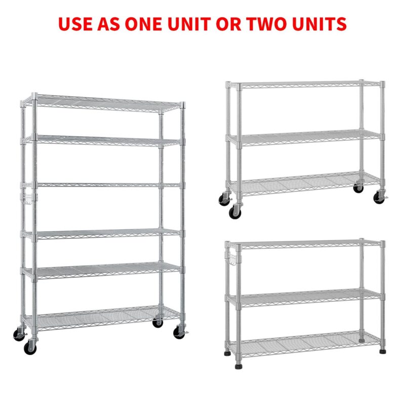 Ktaxon 6 Tier Wire Shelving with Wheels, 46 D x 18 W x 82 H Multifunctional Storage Rack Metal Garage Shelves Organizer, Capacity for 900lbs, Silver - Image 4