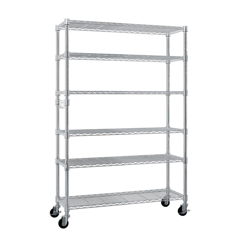 Ktaxon 6 Tier Wire Shelving with Wheels, 46 D x 18 W x 82 H Multifunctional Storage Rack Metal Garage Shelves Organizer, Capacity for 900lbs, Silver